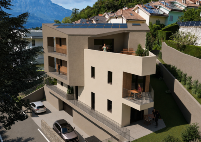 Residenza Sant’Agata, facciata con il terrazzo dell’attico e le montagne